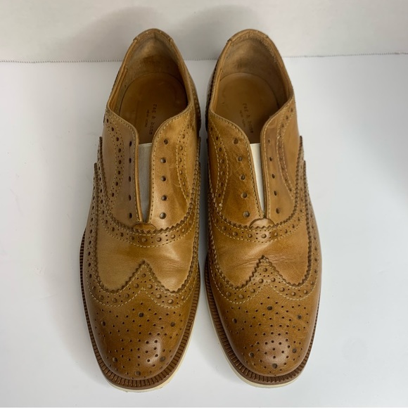 Rag & Bone Cognac Leather Brogue Slip On No Lace Wingtips Oxford Shoes 37.5 - Picture 5 of 12